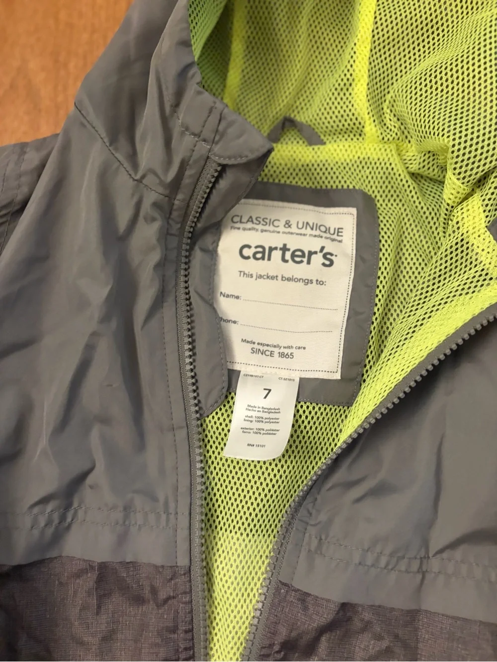 Carter's Grey and Lime Hooded Windbreaker Jacket